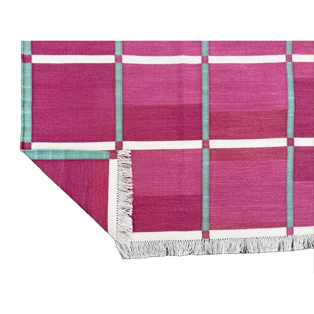 Casa Cosima Handmade Cotton Natural Vegetable Dyed Raspberry Pink Cream & Green Windowpane Checked Rug - 5'x7' For Sale - Image 4 of 10