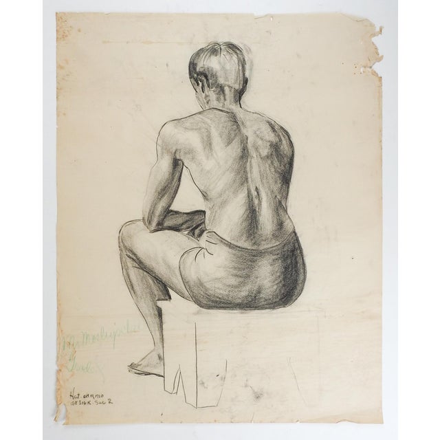 Vintage charcoal on paper male figural study by Geneva Flores Hart Fell (1906-2008) Texas, circa 1950s. Signed and dated...