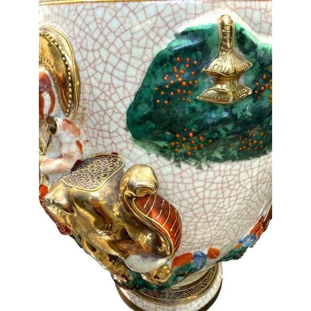 Vintage Japanese Satsuma Moriage Elephant Figural Vase 13" Made in Japan For Sale - Image 4 of 12