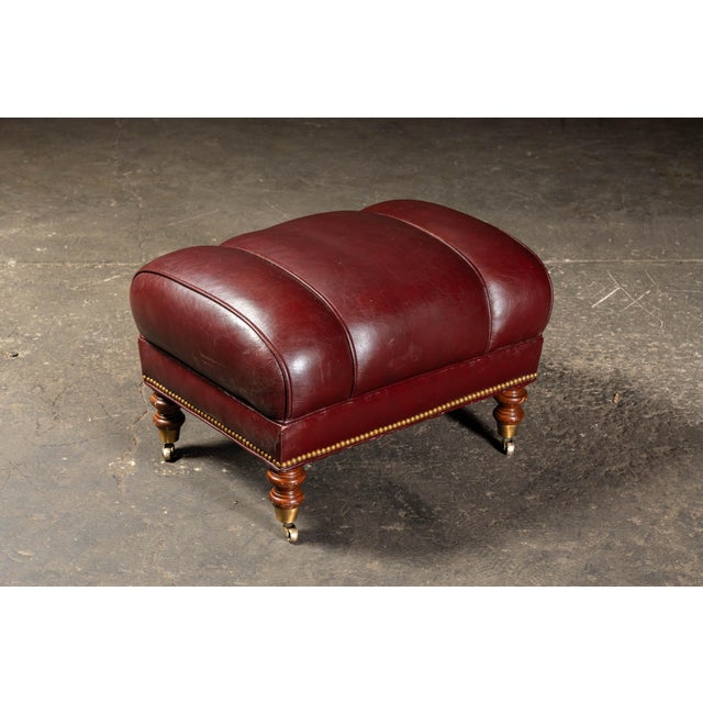 Late 20th Century Pair of Plush Leather Armchairs With Ottoman in Burgundy For Sale - Image 12 of 18