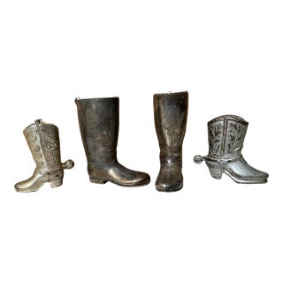 Vintage Grenadier Silverplate Riding Boots Shot Glasses & Metal Cowboy Boot Toothpick Holders Set- 4 Pieces For Sale
