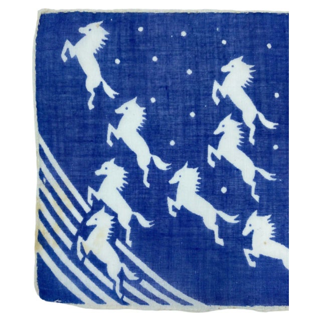 Mid-Century Modern Vintage Set 3 Equestrian Horses Cocktail Napkins Blue Linen Barware For Sale - Image 3 of 13