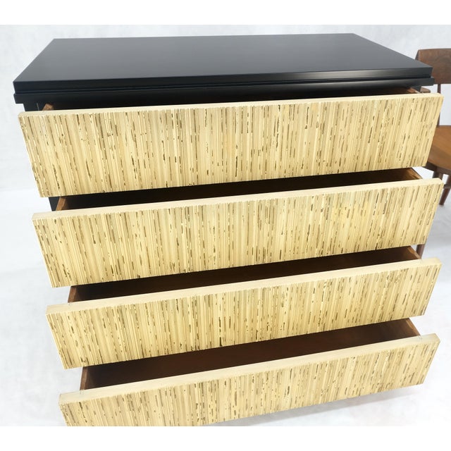 Pair Black Lacquer 4 Drawers "Linen Fold" Fronts Bachelor Chests Dressers MINT For Sale - Image 12 of 12