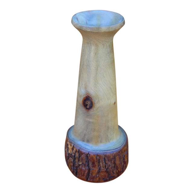 Bohemian Vase With bark base by Rustic Plough Woodworking For Sale