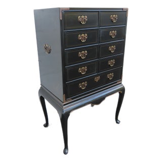 Drexel Painted Black Silver Jewelry Chest Lingerie Cabinet Queen Anne Legs 6330 For Sale