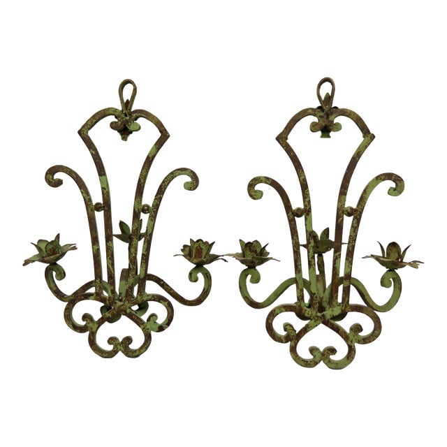 Verdigris Wrought Iron Wall Sconce Candle Holders a Pair For Sale