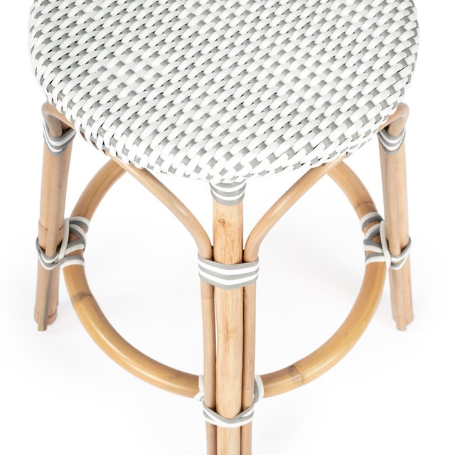 Tobias 24 in. Seat Height Round Rattan Backless Counter Stool, White/Gray Dot / Natural Rattan Frame For Sale In Chicago - Image 6 of 8