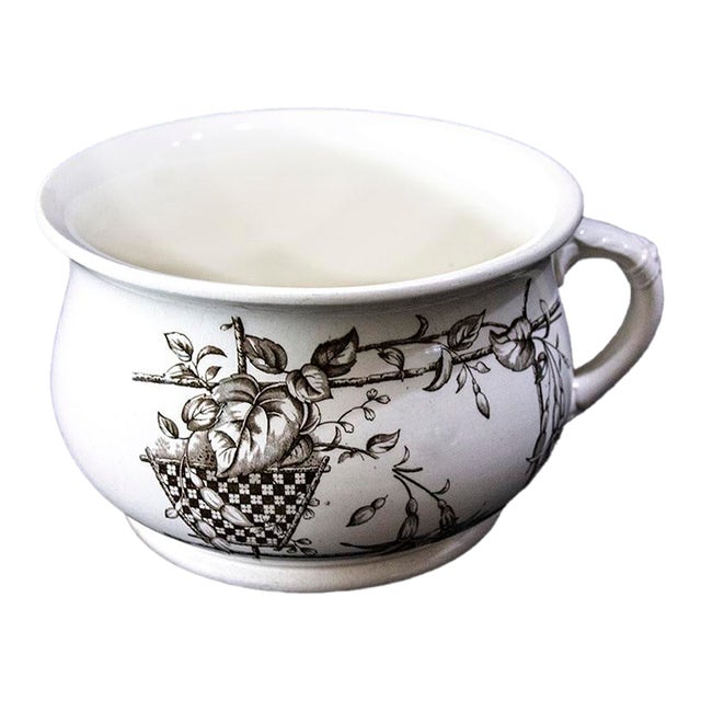 885 Antique Wallis Gimson & Co "Fuschia" Chamber Pot, Victorian Aesthetic Movement Brown Transferware Earthenware, Repurposed Planter For Sale