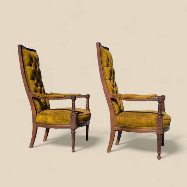 Hollywood Regency Tufted High-Back Armchairs in Gold Velvet Pair, 1960s For Sale - Image 10 of 18
