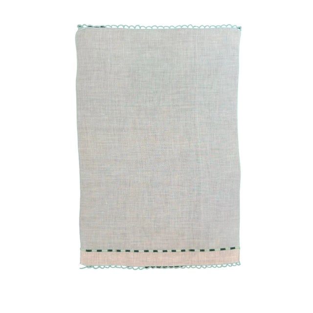 Textile Vintage French Linen Guest Towel, Hand Crocheted Scalloped Edge Aqua Blue Linen, Drawn Thread Accent Band, Heirloom Linen Making 1930s 1940s For Sale - Image 7 of 9