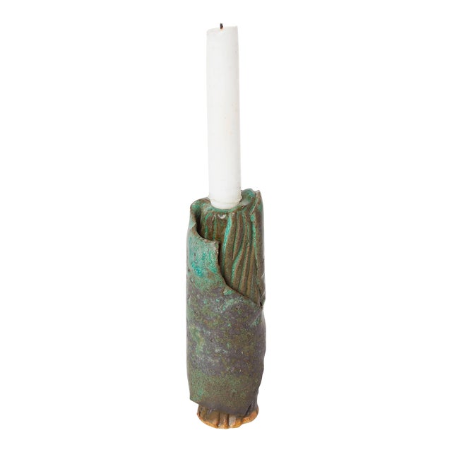 American Midcentury Green Studio Pottery Candlestick For Sale