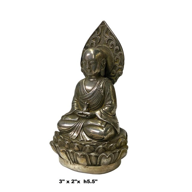 This is a Chinese Lohon Monk figure made of metal in silver color with a precise accent on the body. Oxidized patina on...