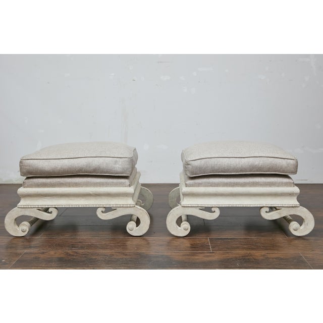 Pair of 1920s Continental Upholstered Ottomans with Carved S-Scroll Bases For Sale In Atlanta - Image 6 of 11