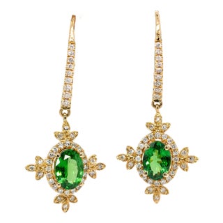 Tsavorite Garnet & Earth-Mined Diamond Earrings in 14k Gold | Leverback Closure-Set of 2 For Sale