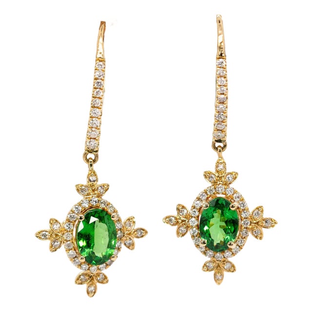 Tsavorite Garnet & Earth-Mined Diamond Earrings in 14k Gold | Leverback Closure-Set of 2 For Sale