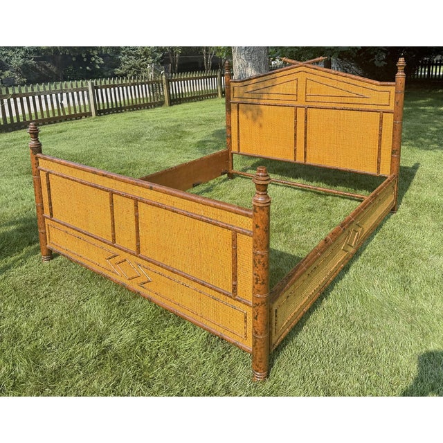 British Colonial Style Faux Bamboo and Rattan Queen Bed in Tortoise Finish For Sale - Image 12 of 12