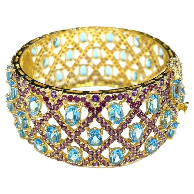 Bochic "Capri" Vintage Blue Topaz & Amethyst Gem & Cuff Set In 18K Gold & Silver For Sale - Image 15 of 18