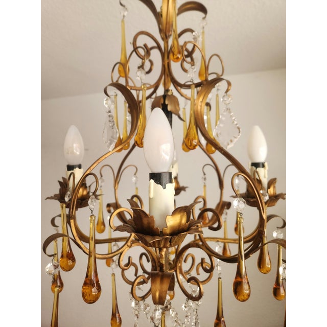 Floral Five-Light Gilded Ceiling Lamp with Crystals and Murano Glass Crystal Drops, 1960s For Sale - Image 10 of 18