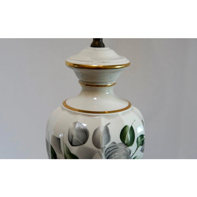Signed Hand Painted Porcelain Mid 20th Century White, Green and Gilt Lamp For Sale - Image 10 of 13