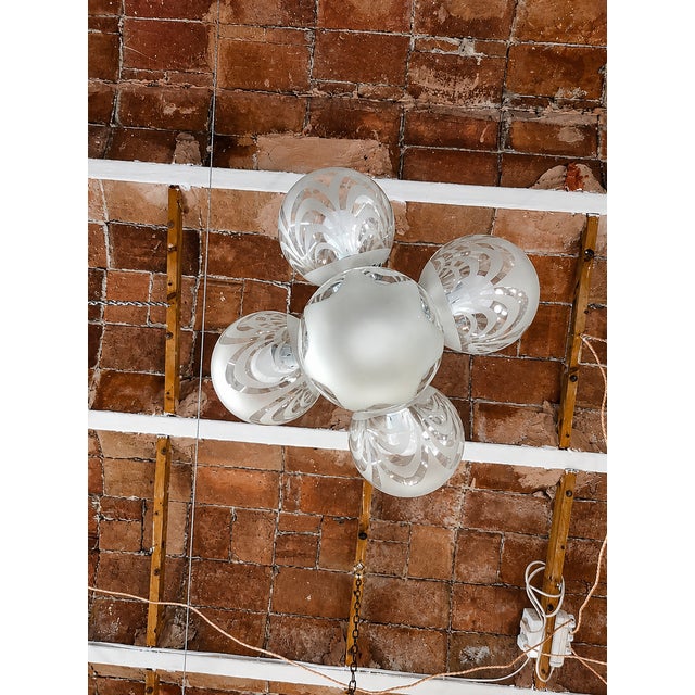 Vintage Art Deco Style Chandelier with Etched Glass Shades and Chrome Finish, 1970s For Sale - Image 6 of 9