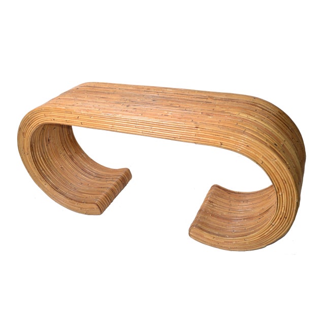 Mid-Century Modern 1970s Bohemian Chic Scrolled Split Reed Bamboo Waterfall Console Table For Sale - Image 3 of 12
