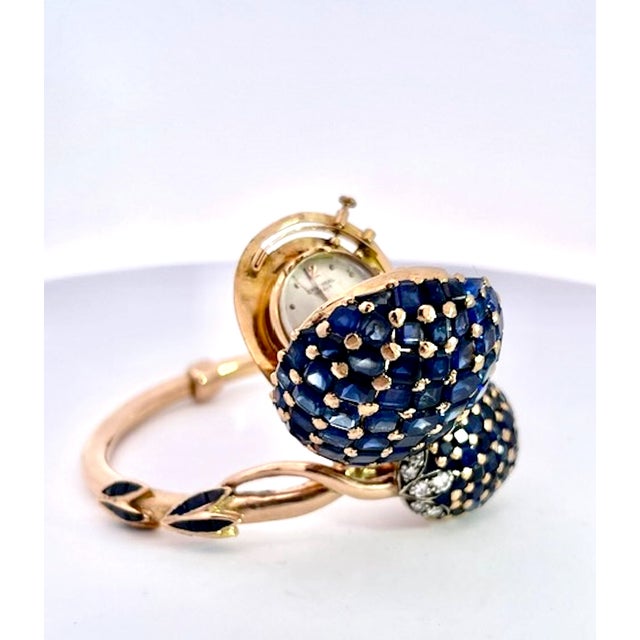 1960s 1960s Rose Gold Bypass Watch With 22ct Sapphire and Diamond Clusters, Uk For Sale - Image 5 of 11