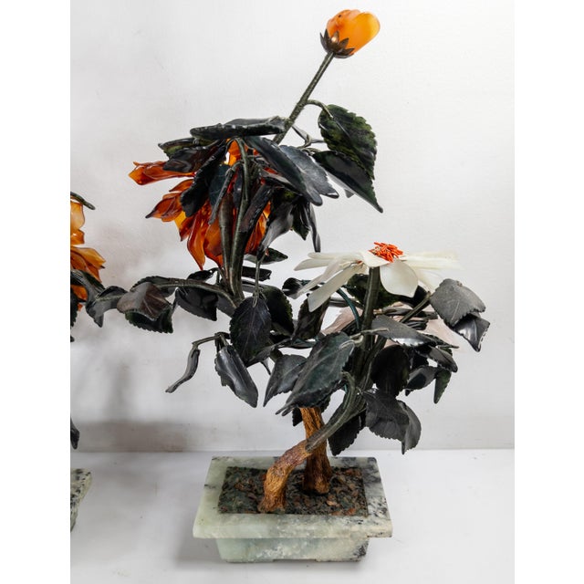 20th Century Chinese Chinoiserie Pair of Jade Trees With Nephrite, Carnelian and Rose Quartz For Sale - Image 12 of 18