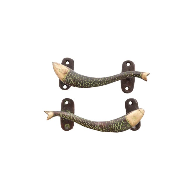 Rustic Green Brass Fish Handles - a Pair For Sale - Image 3 of 8