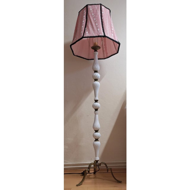 Mid-Century Brass Floor Lamp with White Opaque Glass Inserts and Handmade, 1950s For Sale - Image 6 of 9