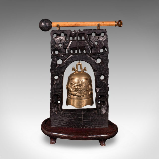 1900 - 1909 Antique Tea Ceremony Gong, Oriental, Carved Stand, Brass Bell, Edwardian, c.1910 For Sale - Image 5 of 12