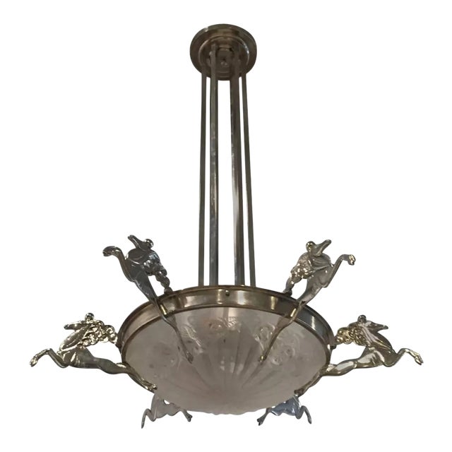 French Art Deco Chandelier Signed by Degue with Mythical Horses For Sale