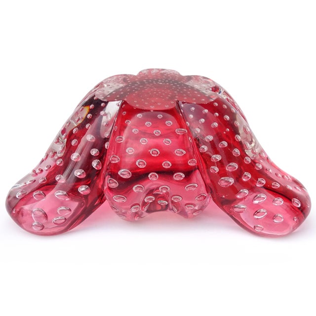 Vintage Murano Seguso Vetri d'Arte Cranberry Red Sommerso Bubbles Italian Art Deco Glass Cigar Ashtray Bowl For Sale - Image 9 of 9