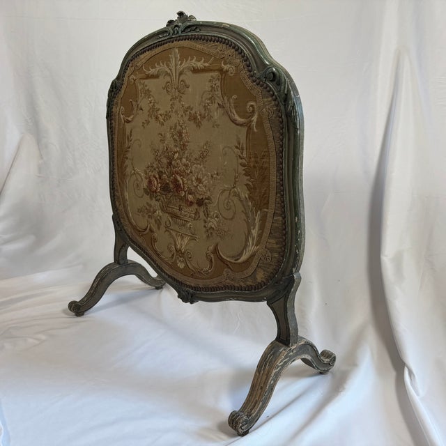Antique French Louis XV Style Painted Firescreen | Aubusson-Style Tapestry Panel | Sage Green Cabriole Legs | 37in For Sale - Image 11 of 18