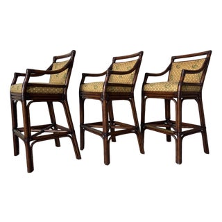 Vintage McGuire-Style Target Back Rattan & Leather Bar Stools – Set of 3 For Sale