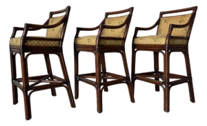 Vintage McGuire-Style Target Back Rattan & Leather Bar Stools – Set of 3