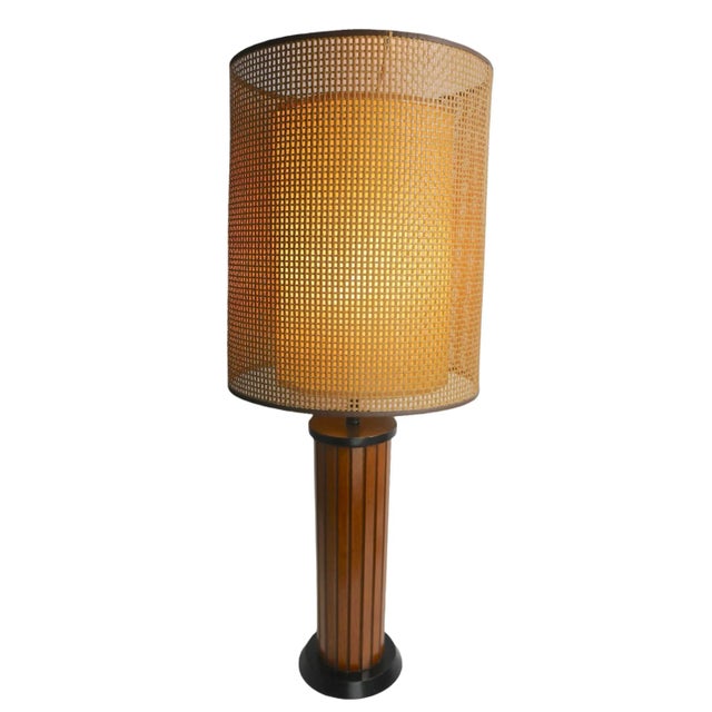 Mid Century Gruvwood Table Lamp With Original Woven Shade Ca