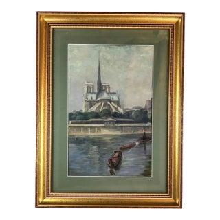 Parisian Oil on Canvas Painting of Notre Dame Cathedral and the Seine For Sale