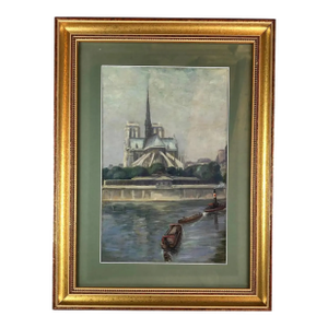 Parisian Oil on Canvas Painting of Notre Dame Cathedral and the Seine