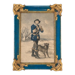 Late 19th Century French Blue & Gilt Ormolu-Mounted Picture Frame With Hunter Print For Sale