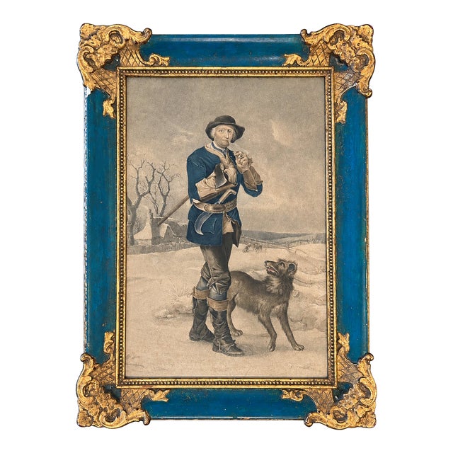 Late 19th Century French Blue & Gilt Ormolu-Mounted Picture Frame With Hunter Print For Sale