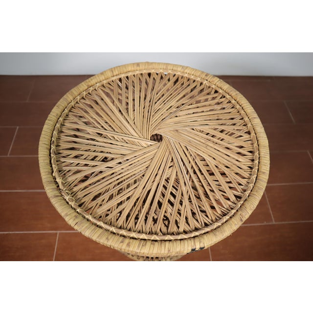 Vintage Wicker Rattan Emmanuelle Peacock Ottoman or Table Woven Pattern Cane 70's Retro Mid Century Modern Eclectic Boho Weave Foot Stool For Sale - Image 6 of 6