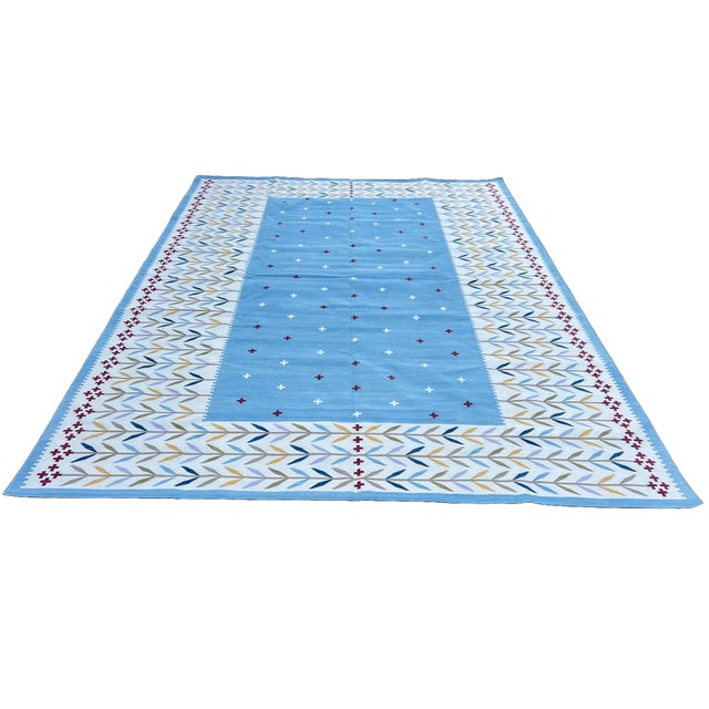 Handmade Cotton Rug, Natural Vegetable Dyed Cream, Blue, Beige and Red Leaf Rug - 9'x12' For Sale - Image 9 of 10