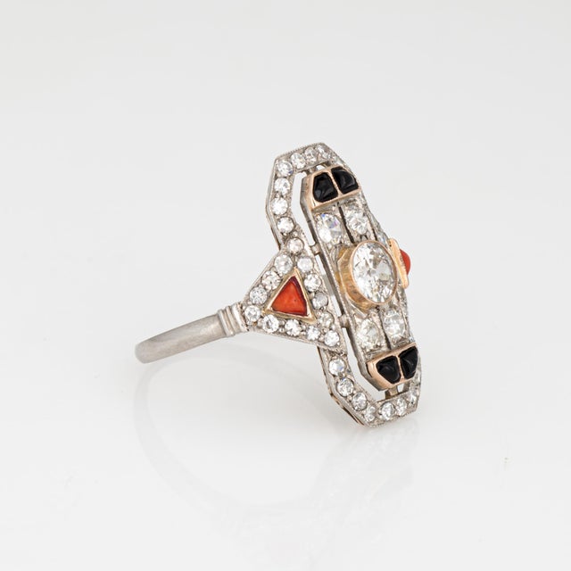 Vintage Art Deco Diamond Ring Coral Onyx Platinum Plaque Size 9.75 For Sale - Image 4 of 7