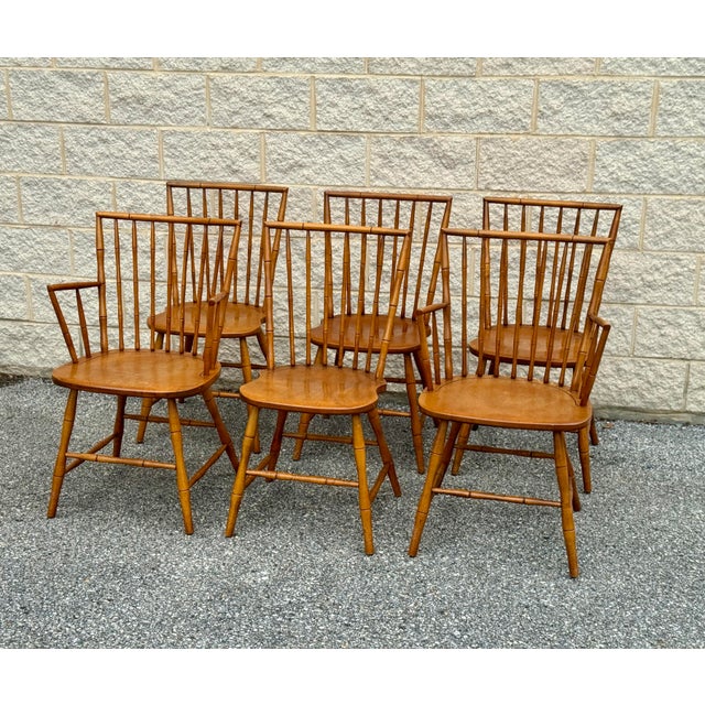 Mid-Century Modern Set of 6 Windsor Style Spindle Back Dining Chairs, Warm Honey Tone For Sale - Image 3 of 12