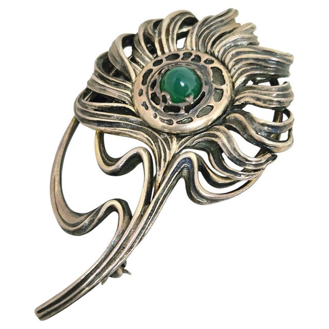 Peacock Feather No. 16/1000 Brooch in Silver & Chrysoprase in the style of Alphonse Mucha, 1992 For Sale - Image 16 of 16