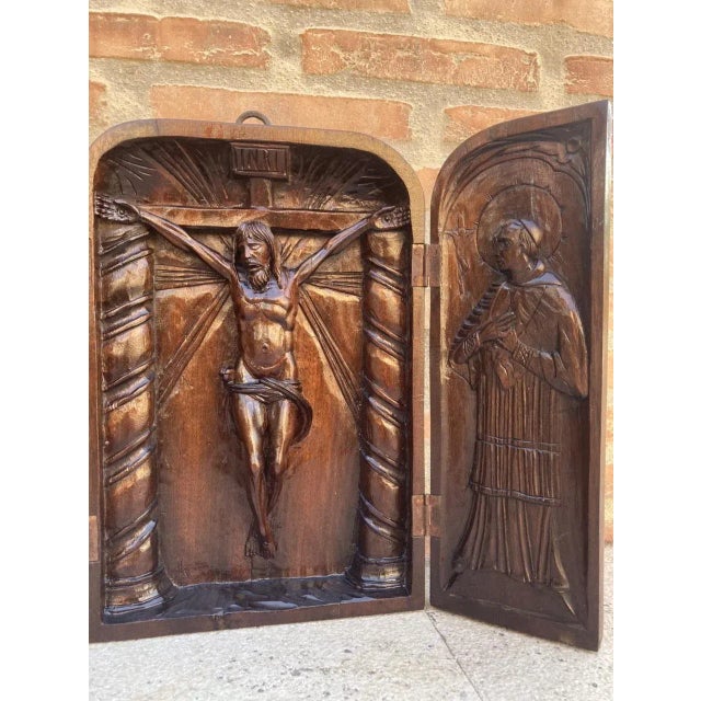 French Antique Hand Carved Walnut Wood Religious Triptych or Carved Wall Sculpture Panel, 1890s For Sale - Image 3 of 18