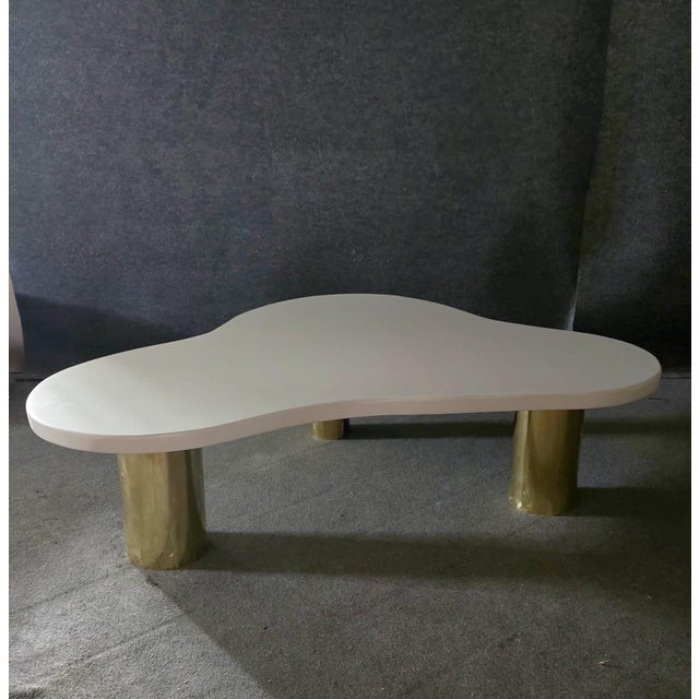 White Wood Cloud Style Coffee Table with Three Brass Feet from Justfurnituress SRL For Sale - Image 4 of 9