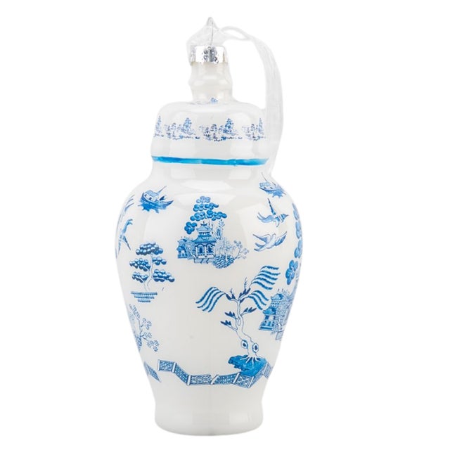 2020s Chinoiserie Blue Willow Glass Christmas Tree Ornament - A Pair For Sale - Image 5 of 7