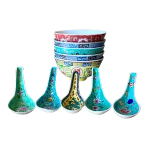 Circa 1970 Chinoiserie Porcelain Mixed Pattern Rice Bowl & Spoon Set -5-Bowls & 5-Spoons