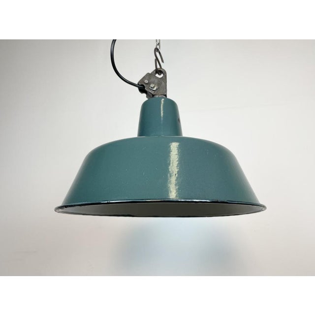 Paint Industrial Green Enamel Factory Lamp with Cast Iron Top, 1960s For Sale - Image 7 of 15